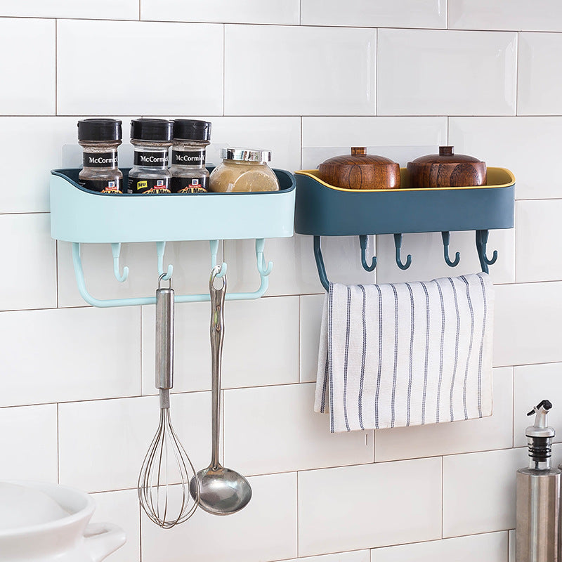 Punch-Free Bathroom Wall Shelf with Hooks and Towel Bar