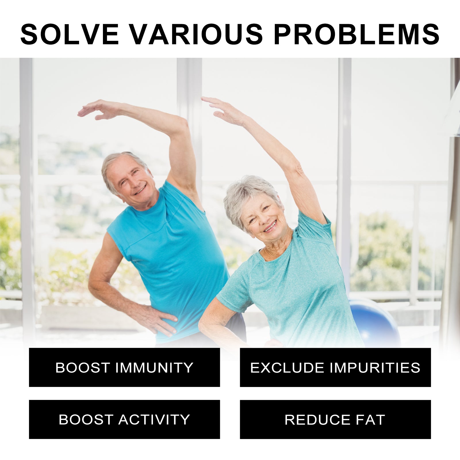 Mature woman smiling with text 'ENHANCE IMMUNITY' and before/after split showing stressed expression transitioning to relaxed comfort