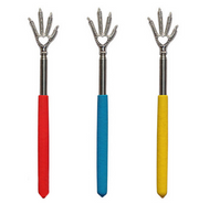 Three back scratchers in bright colors (red, teal, yellow) displayed side-by-side showing closed compact form