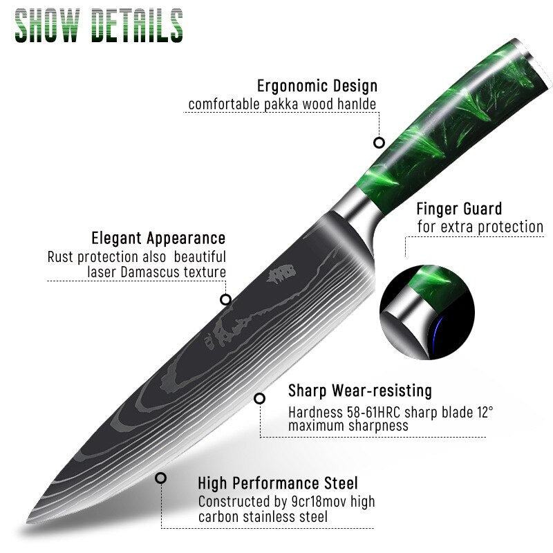 Damascus Pattern Chef Knife Set, 10 Piece Kitchen Knives