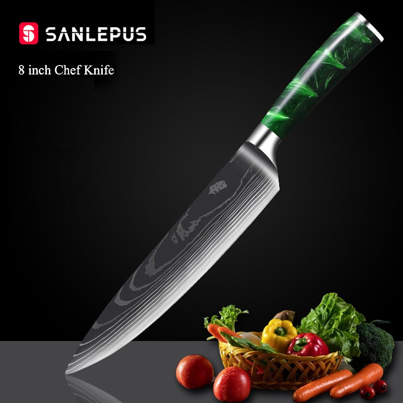 Damascus Pattern Chef Knife Set, 10 Piece Kitchen Knives