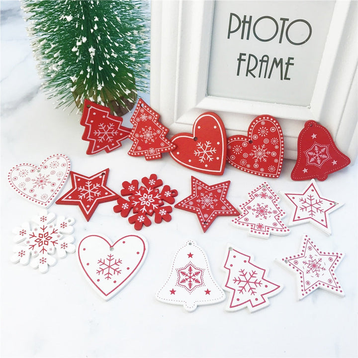 Wooden Christmas Tree Ornaments, 10-Piece Coordinated Decor