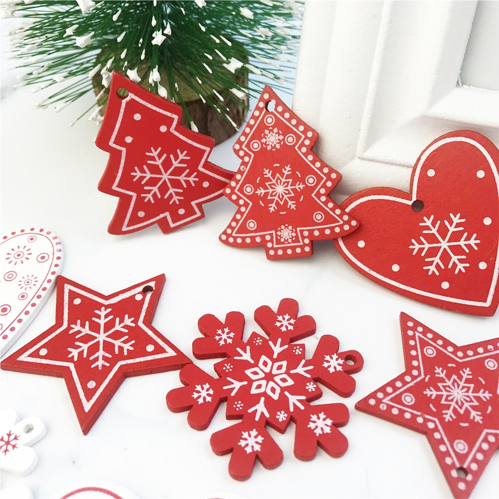 Wooden Christmas Tree Ornaments, 10-Piece Coordinated Decor