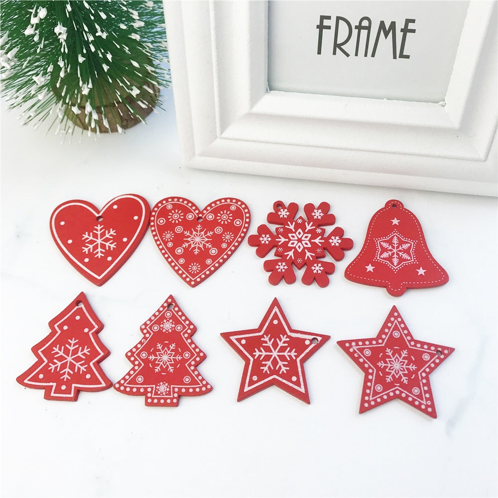Wooden Christmas Tree Ornaments, 10-Piece Coordinated Decor