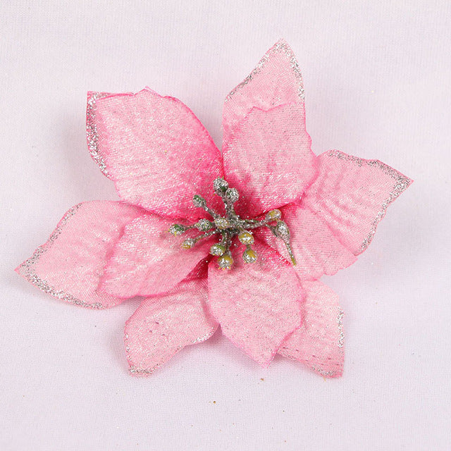 Red Glitter Poinsettia Christmas Tree Ornament Set