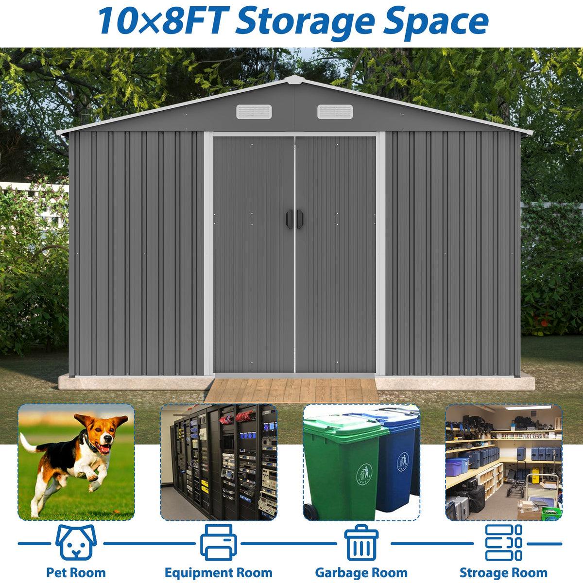 10x8 Ft Metal Outdoor Storage Shed, Lockable Doors