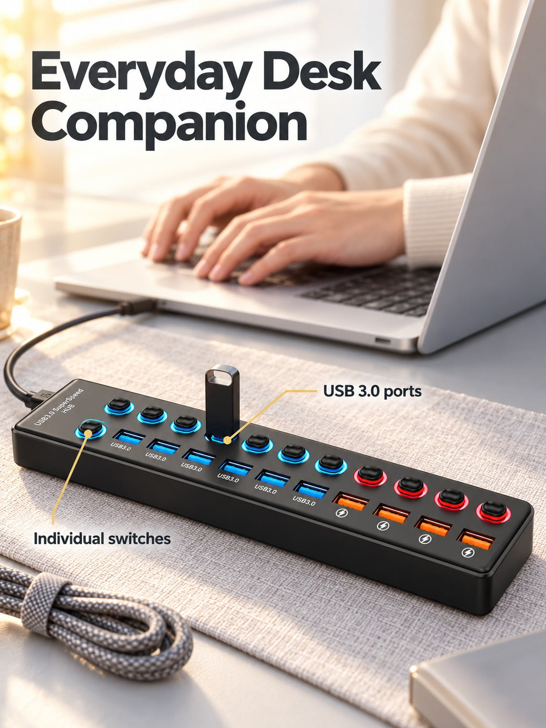 11-Port USB 3.0 Hub with Individual On/Off Switches