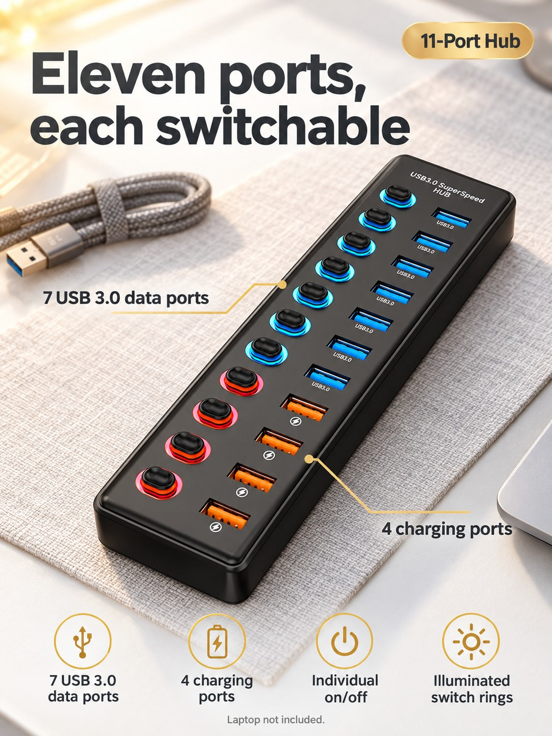 11-Port USB 3.0 Hub with Individual On/Off Switches