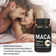 Intimate couple in bed with Maca 1500mg bottle displayed, showing product in romantic lifestyle context
