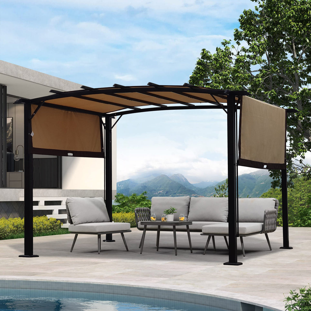 Retractable Pergola Gazebo 12x9 Ft Steel Patio Shade