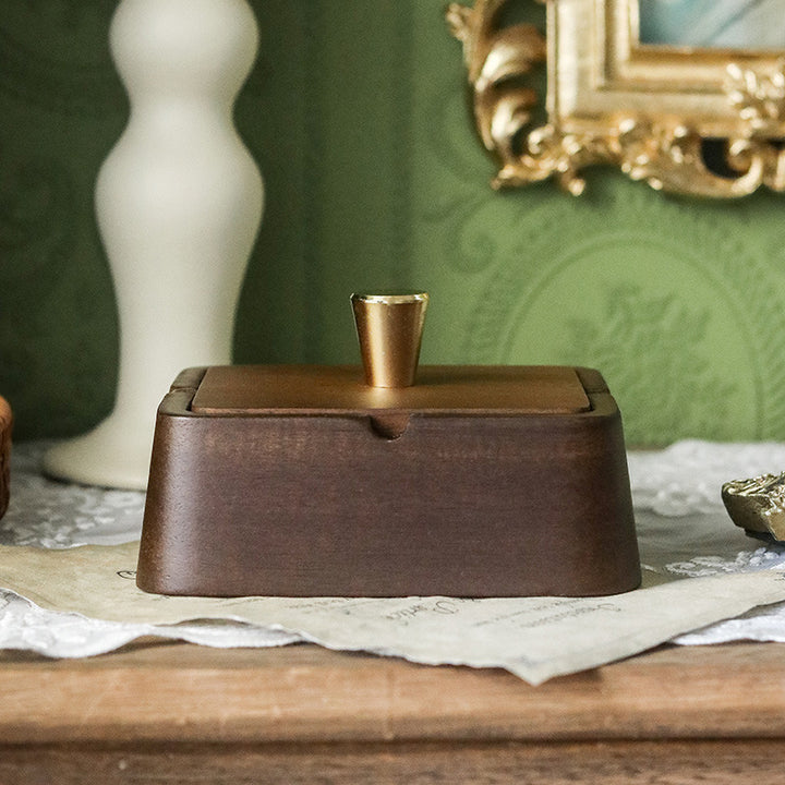 Solid Walnut Wood Ashtray with Lid and Brass-Tone Ash Bowl