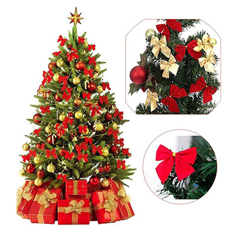 Christmas Tree Bow Ornaments – 12pc Red & Gold Decor