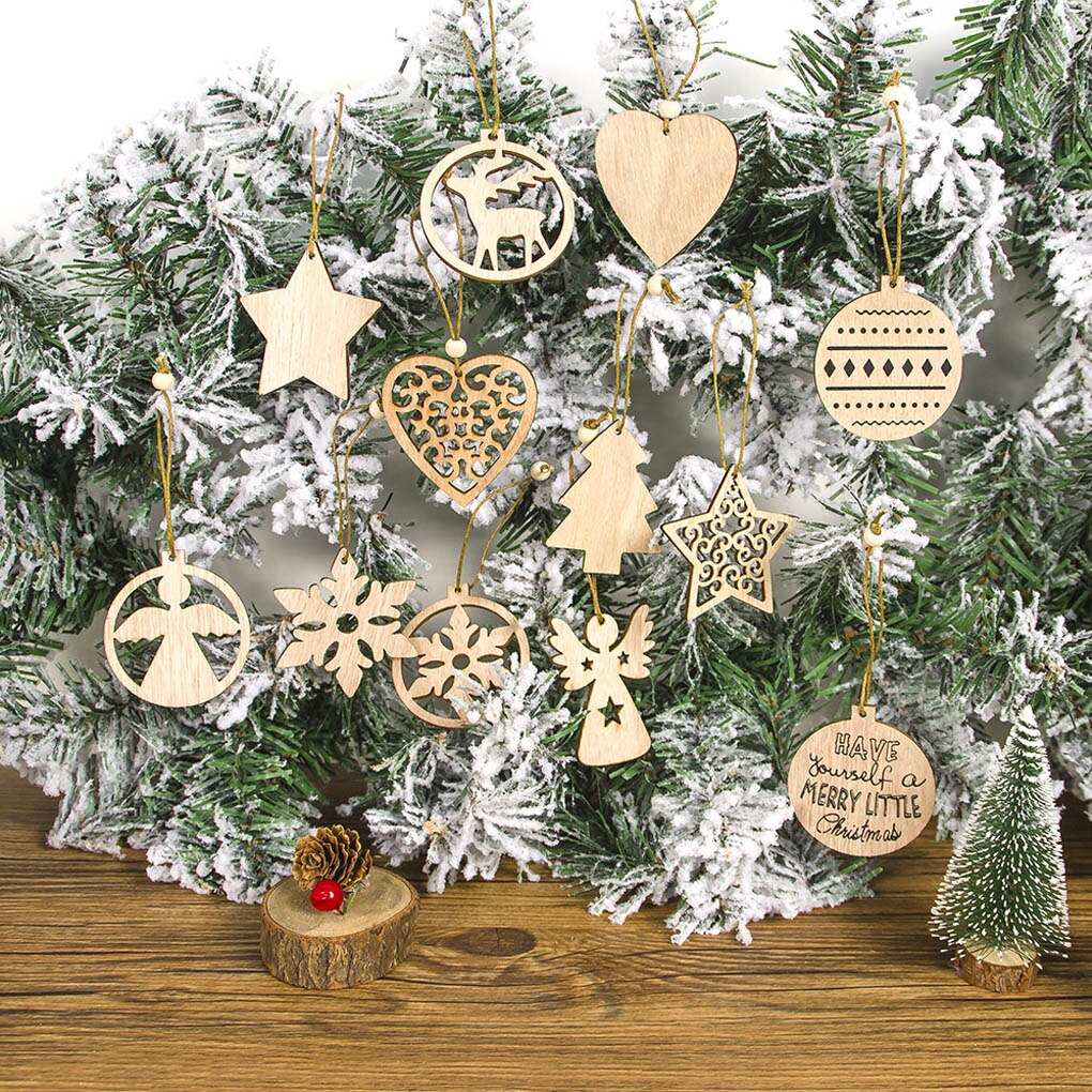 12-Piece Wooden Christmas Ornaments for Rustic Tree Decor