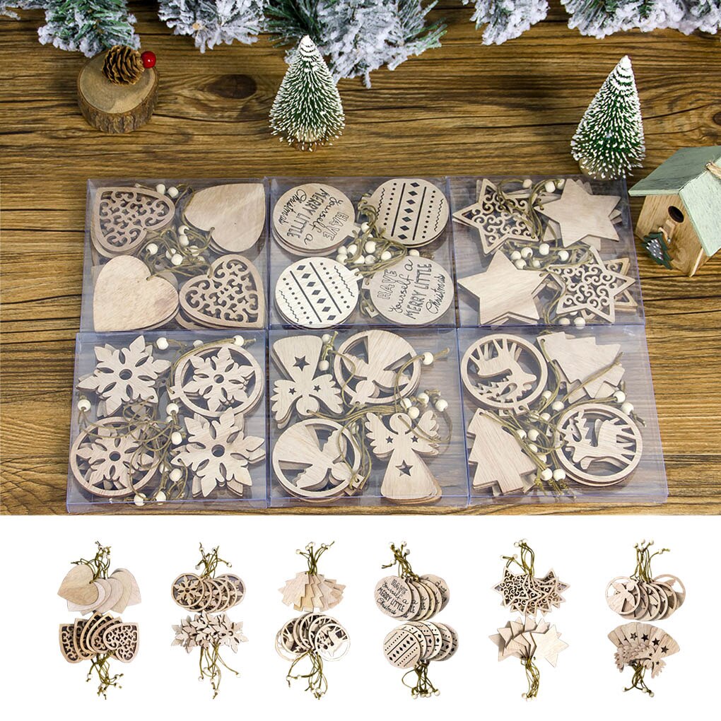 12-Piece Wooden Christmas Ornaments for Rustic Tree Decor