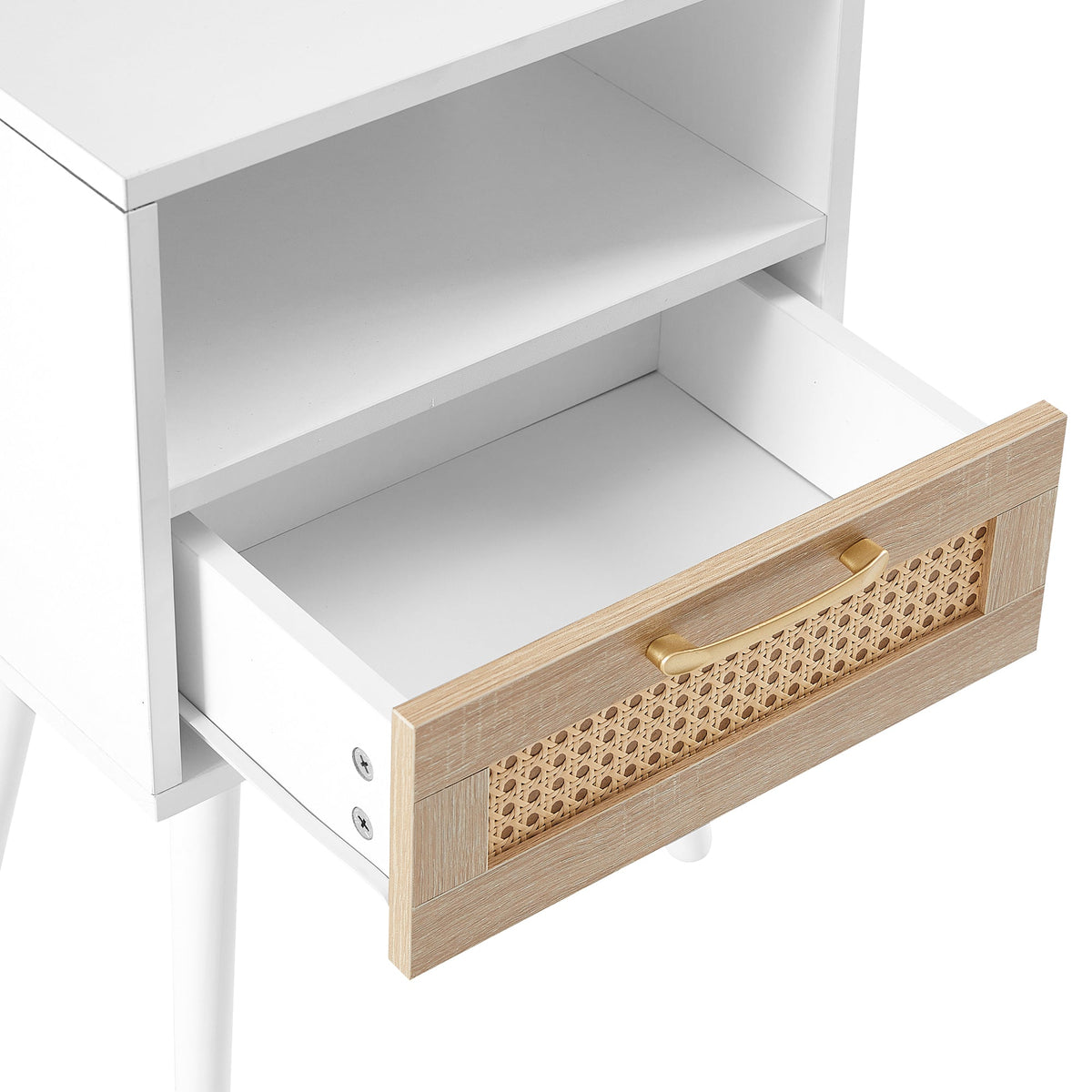 Rattan-Look Nightstand End Table with Drawer and Shelf