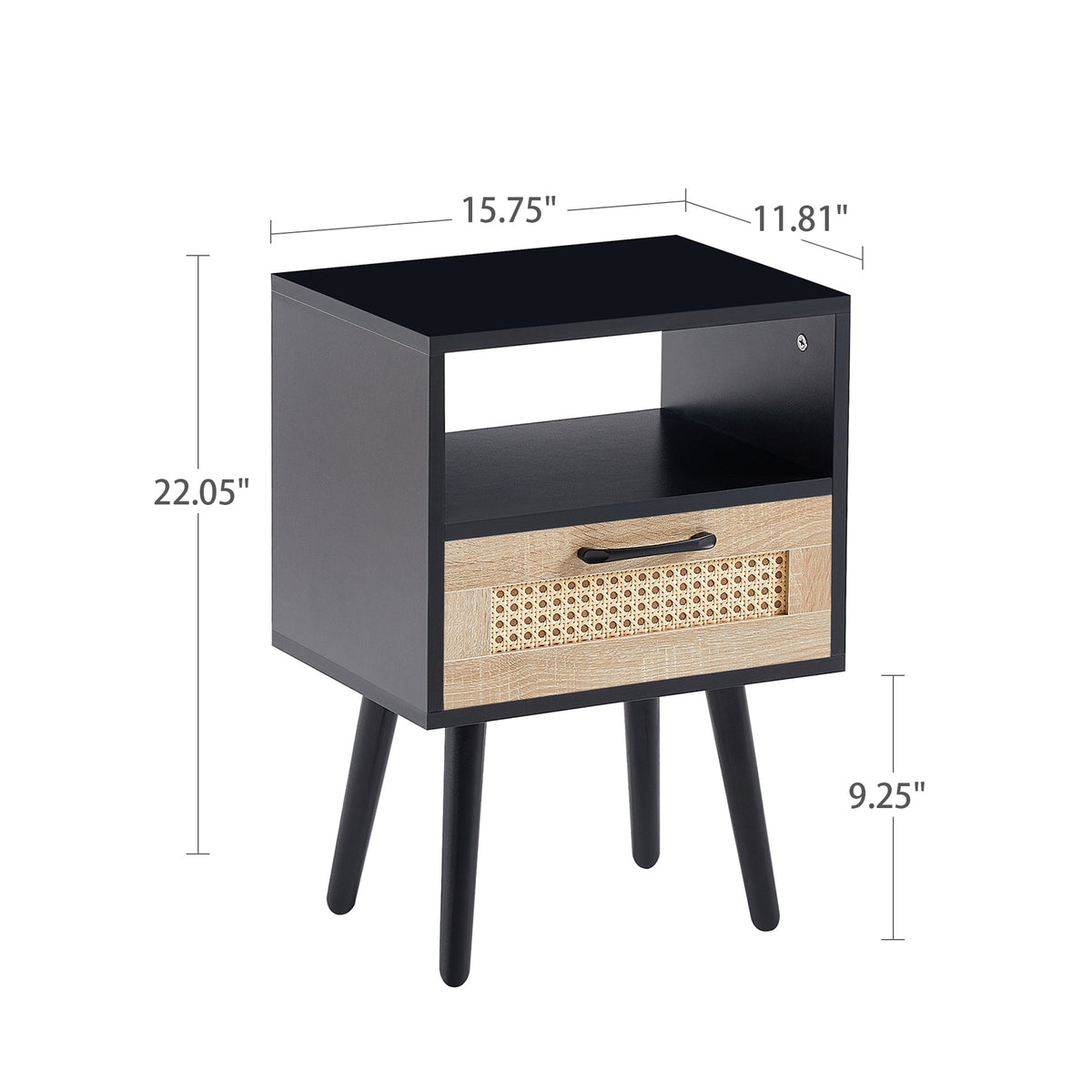 Rattan Nightstand with Drawer, Open Shelf & Wood Legs
