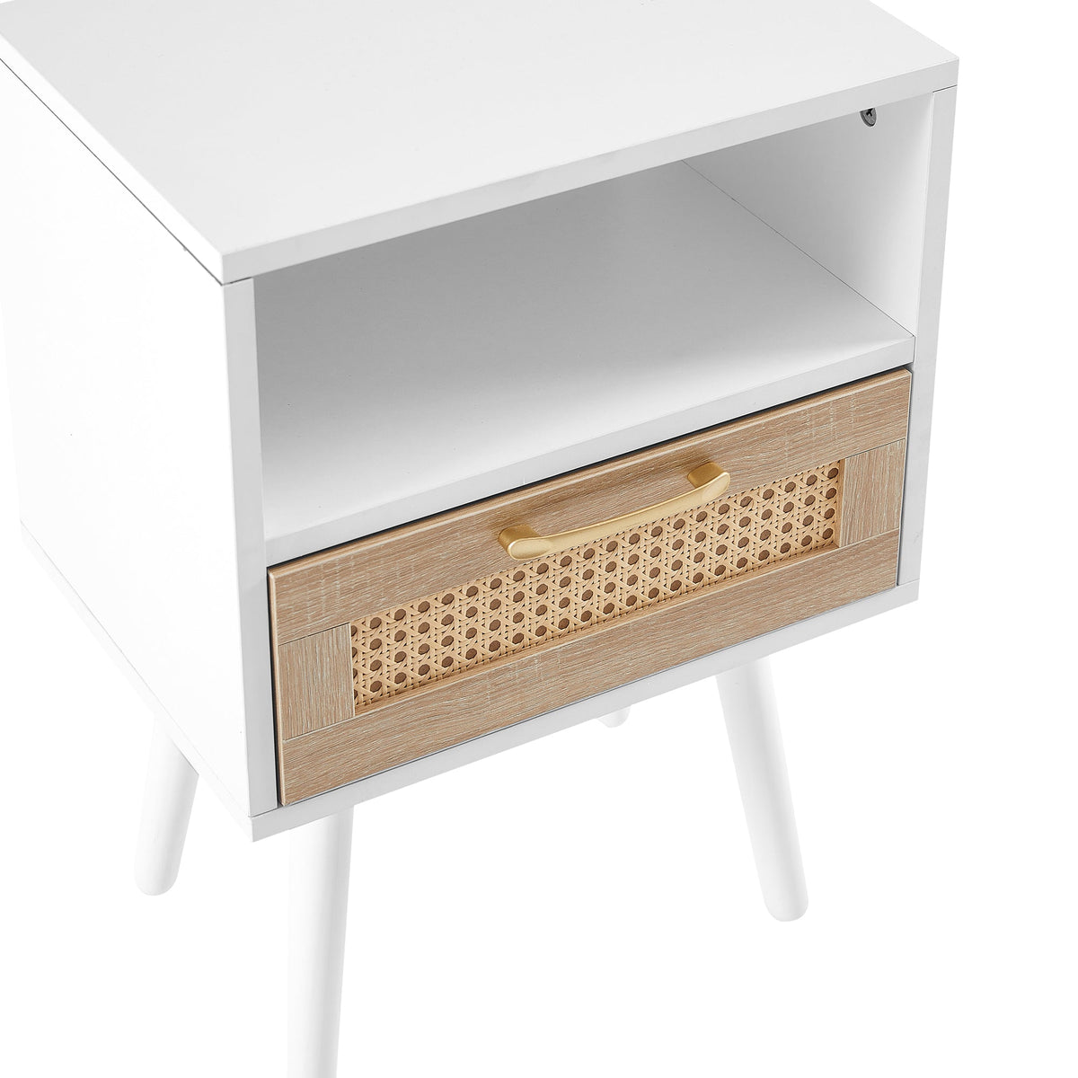 Rattan-Look Nightstand End Table with Drawer and Shelf