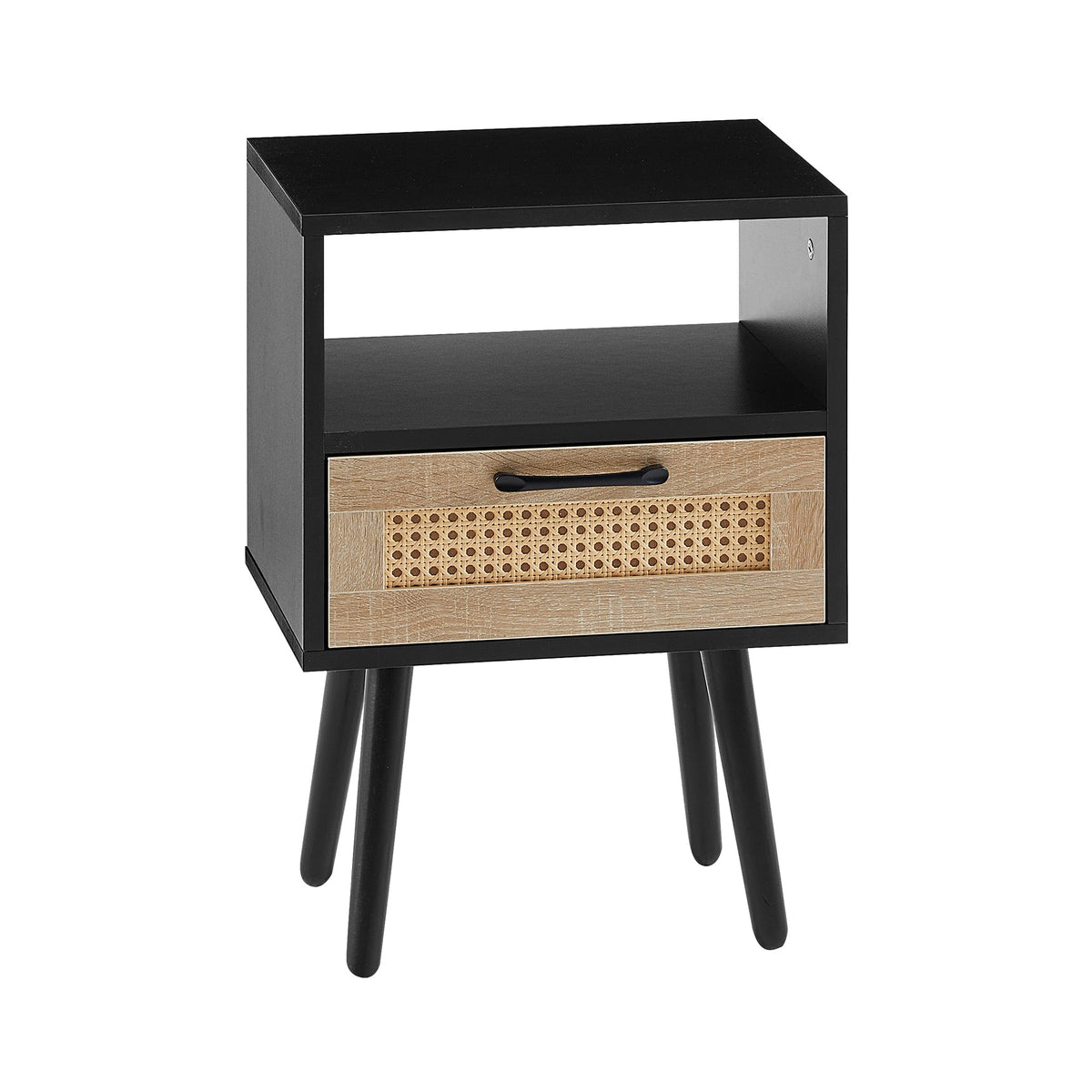 Rattan Nightstand with Drawer, Open Shelf & Wood Legs