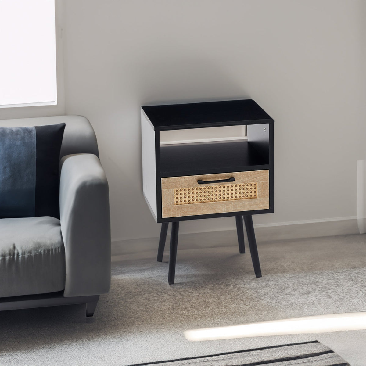 Rattan Nightstand with Drawer, Open Shelf & Wood Legs