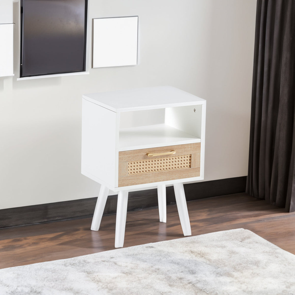 Rattan-Look Nightstand End Table with Drawer and Shelf