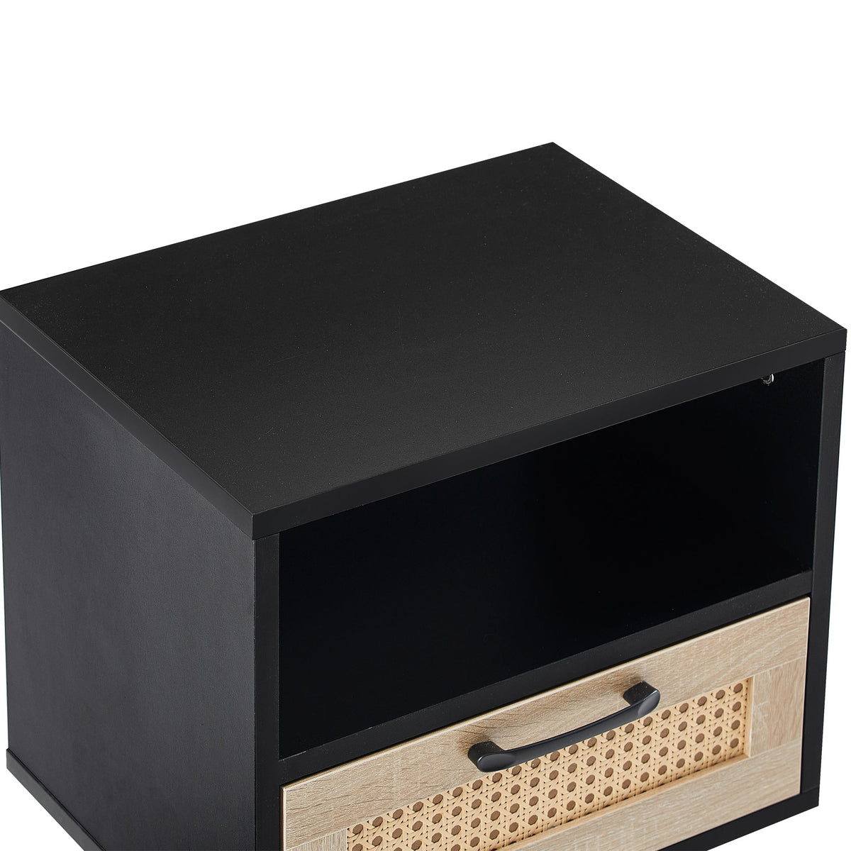 Rattan Nightstand with Drawer, Open Shelf & Wood Legs