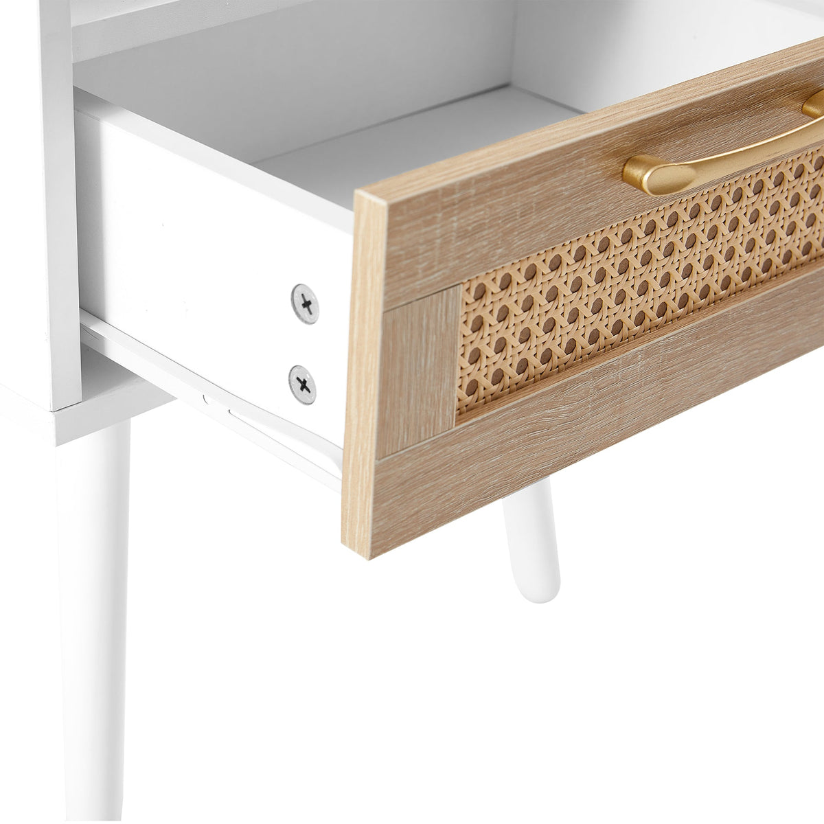 Rattan-Look Nightstand End Table with Drawer and Shelf
