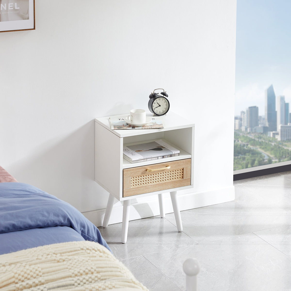 Rattan-Look Nightstand End Table with Drawer and Shelf