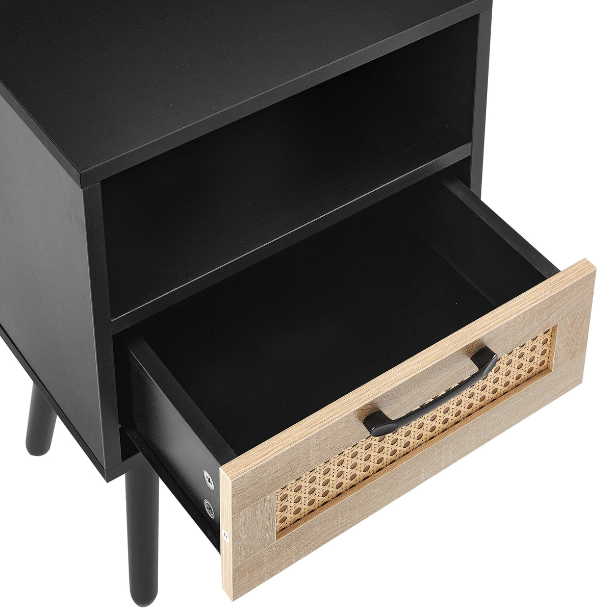 Rattan Nightstand with Drawer, Open Shelf & Wood Legs
