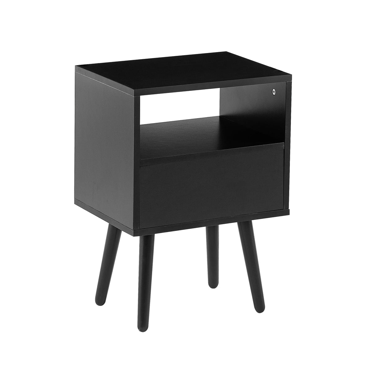 Rattan Nightstand with Drawer, Open Shelf & Wood Legs