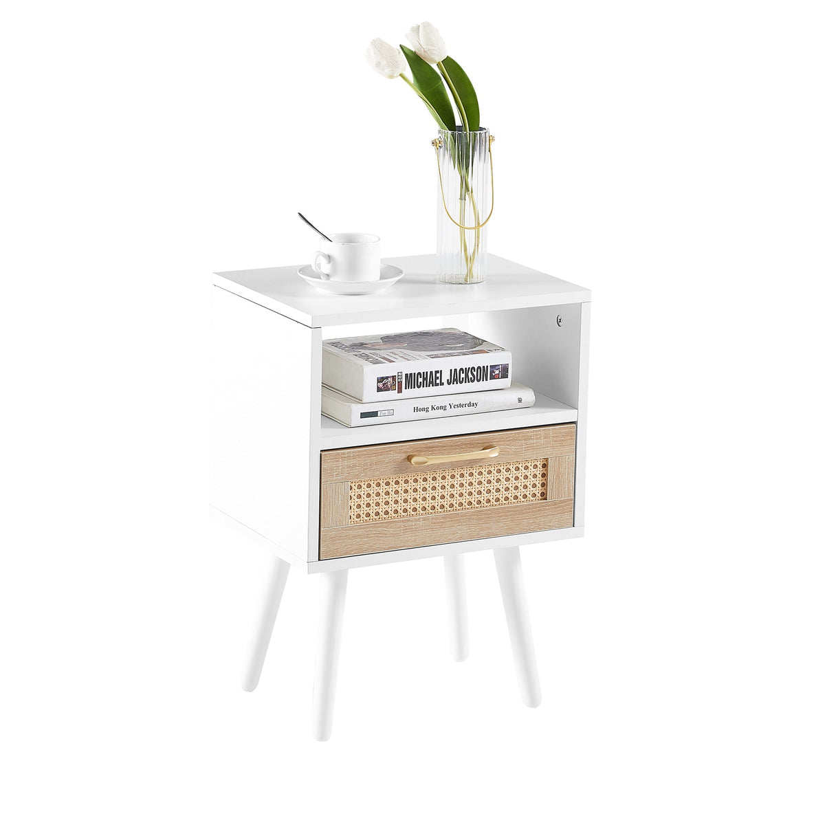 Rattan-Look Nightstand End Table with Drawer and Shelf