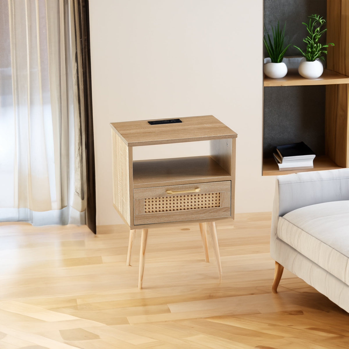 Rattan Nightstand with Outlet and USB Ports