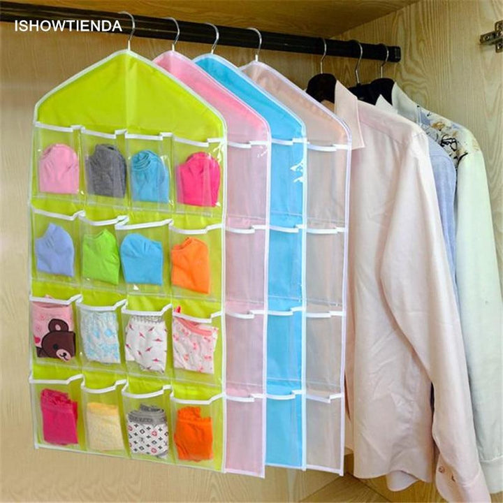 Hanging Closet Organizer with 16 Clear Pockets for Socks