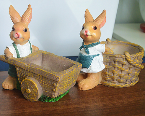 Rabbit Succulent Planter with Cart, Hand-Painted Resin
