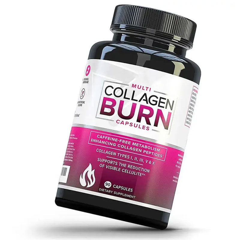 Multi Collagen Burn bottle angled on white background showing magenta label, black cap, and dark glass