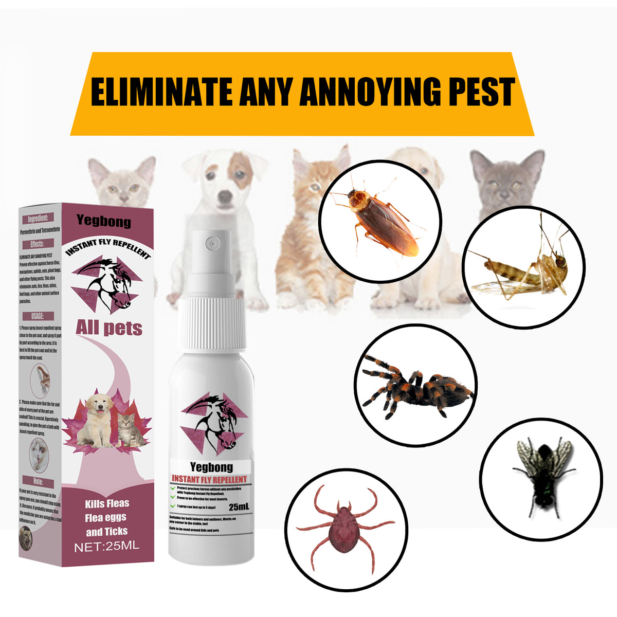 Pet Flea And Tick Spray For Cats & Dogs, 25ml Bottle