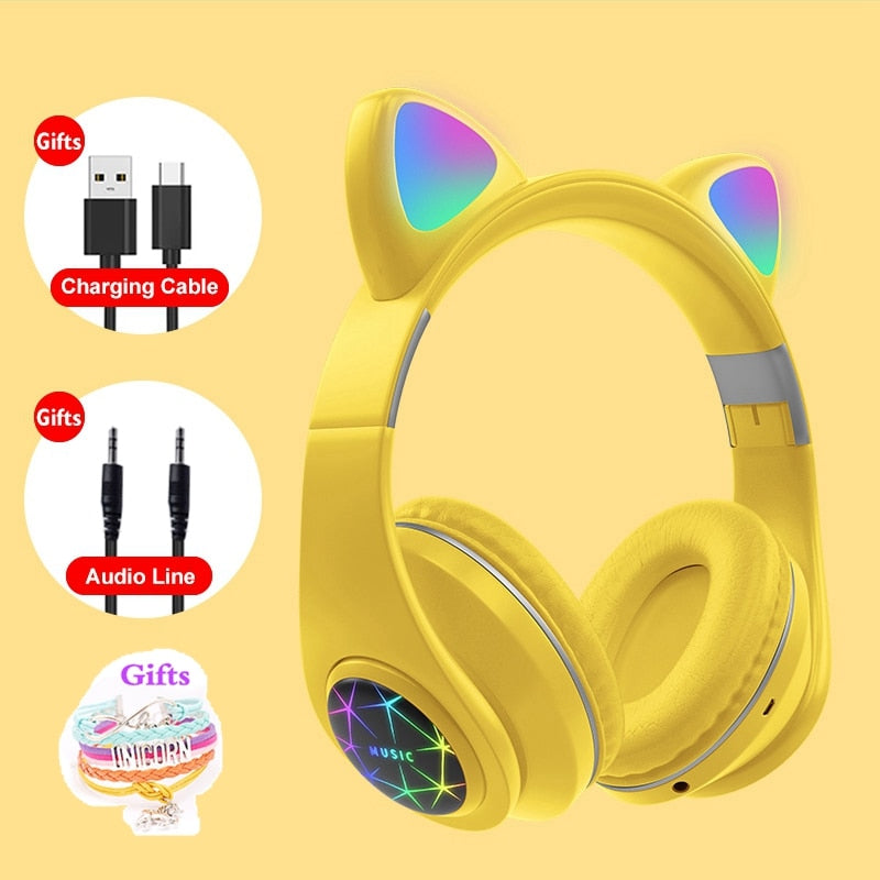 RGB Cat Ear Headphones Bluetooth 5.0 with Long Battery