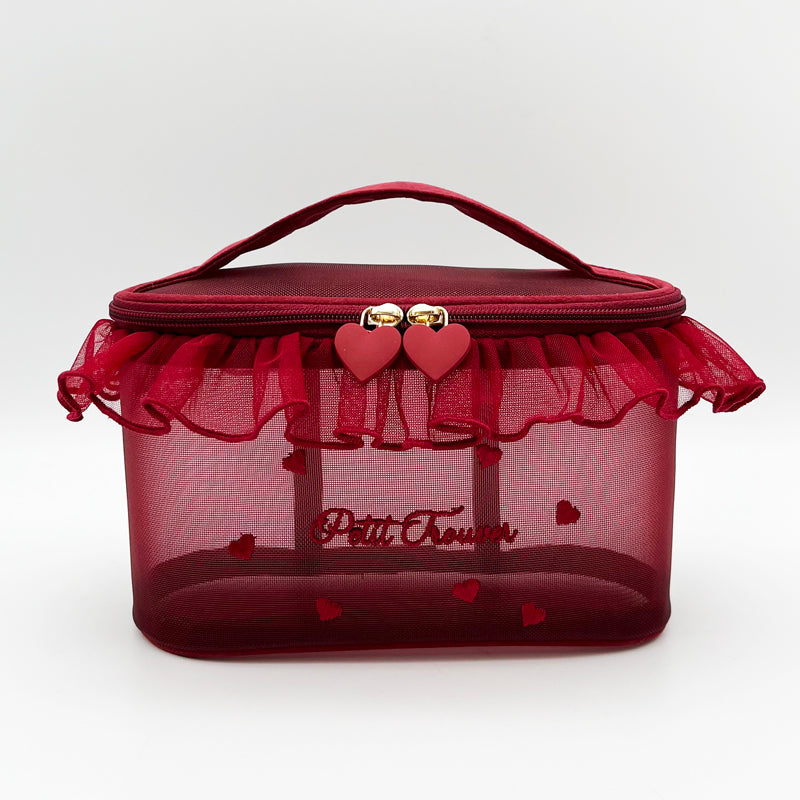 Sheer Mesh Makeup Bag with Lace Trim and Hearts