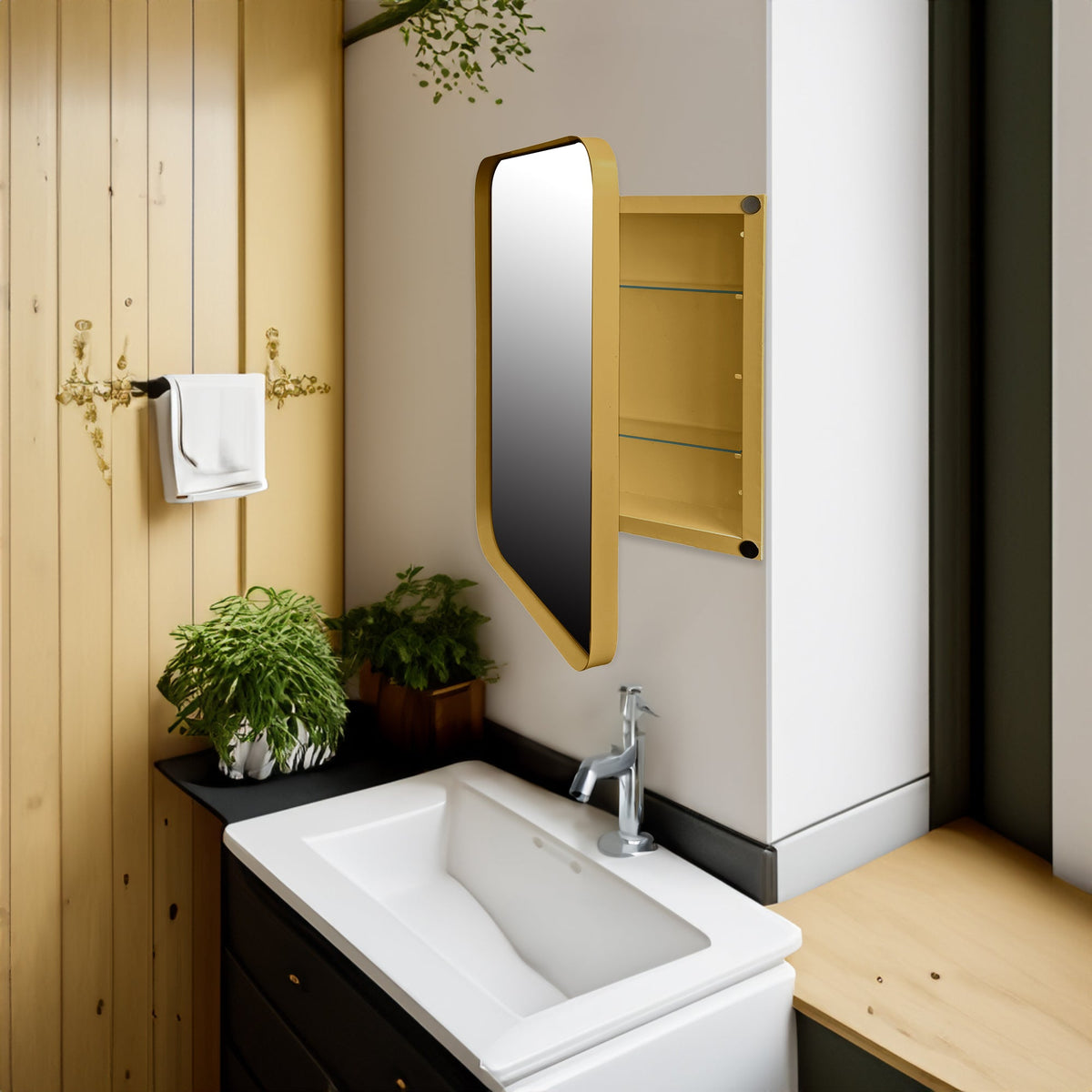 Recessed Medicine Cabinet with Mirror, Matte Gold Frame
