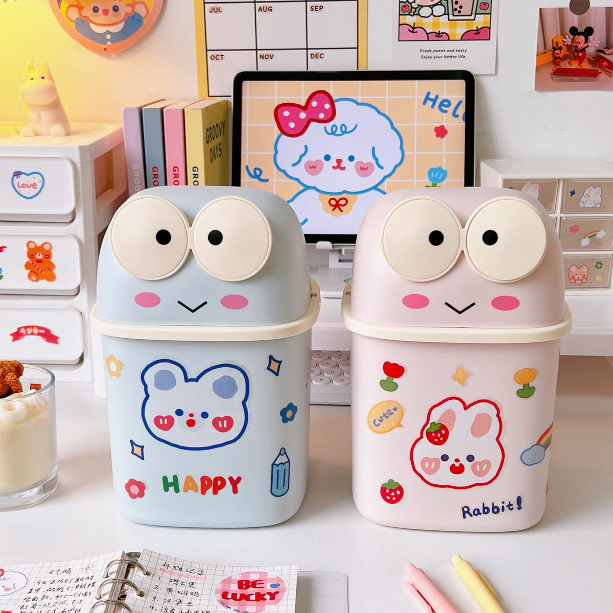 Cute Frog Flip-Lid Desk Trash Can for Dorm Desk Clutter