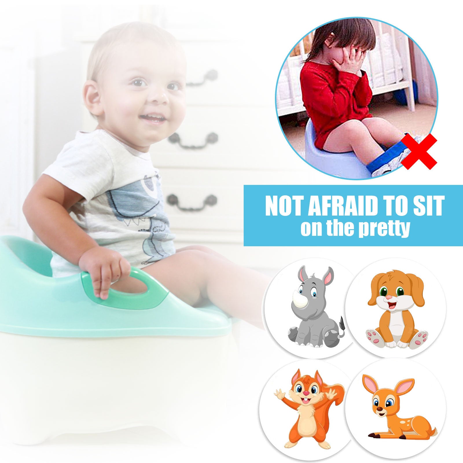 Toddler sitting confidently on toilet with text 'Not Afraid to Sit on the Pretty' and featured sticker characters