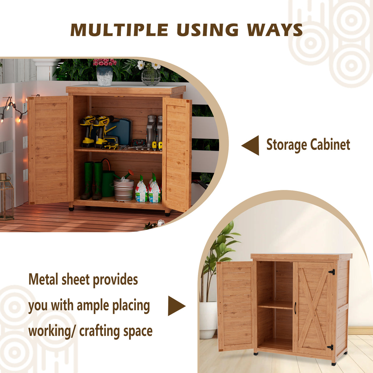 Outdoor Potting Bench with Storage Cabinet and Metal Top