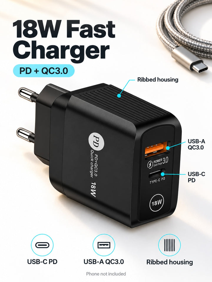 18W PD + QC3.0 Fast Charger with USB-C and USB-A Ports