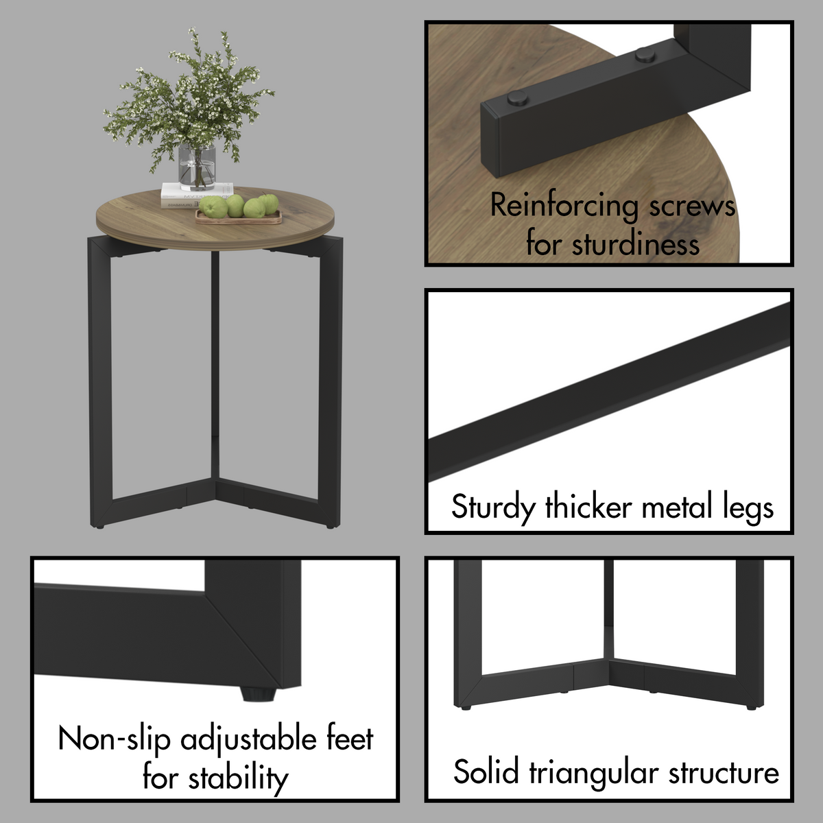 Round Side Table with Sturdy Metal Frame for Living Room