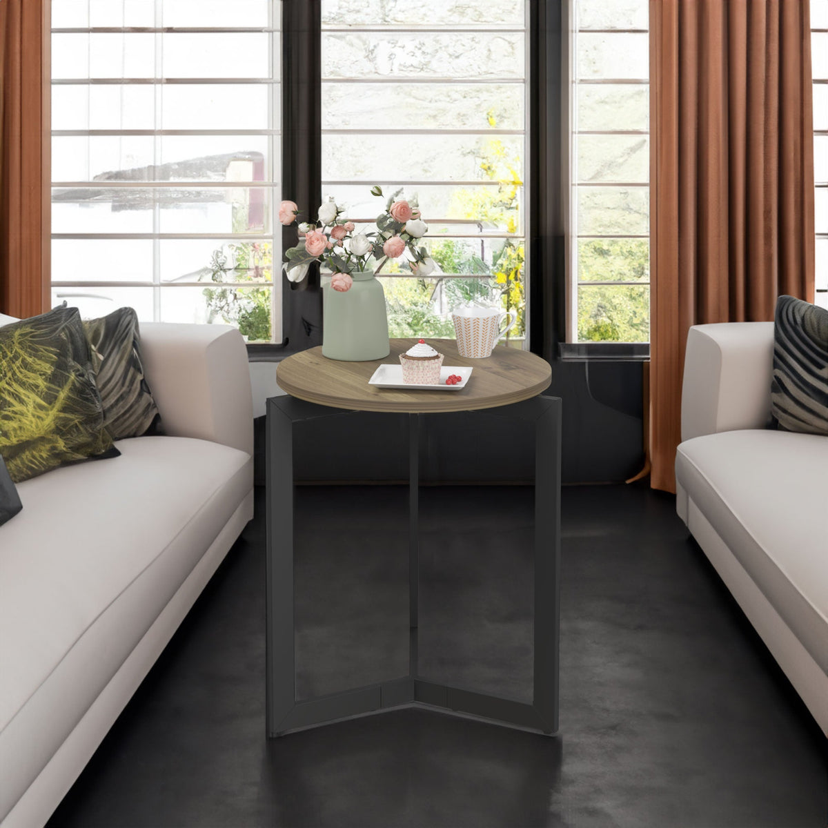 Round Side Table with Sturdy Metal Frame for Living Room