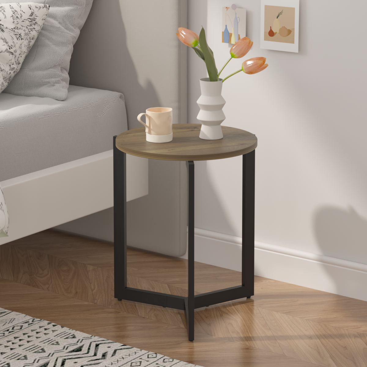 Round Side Table with Sturdy Metal Frame for Living Room