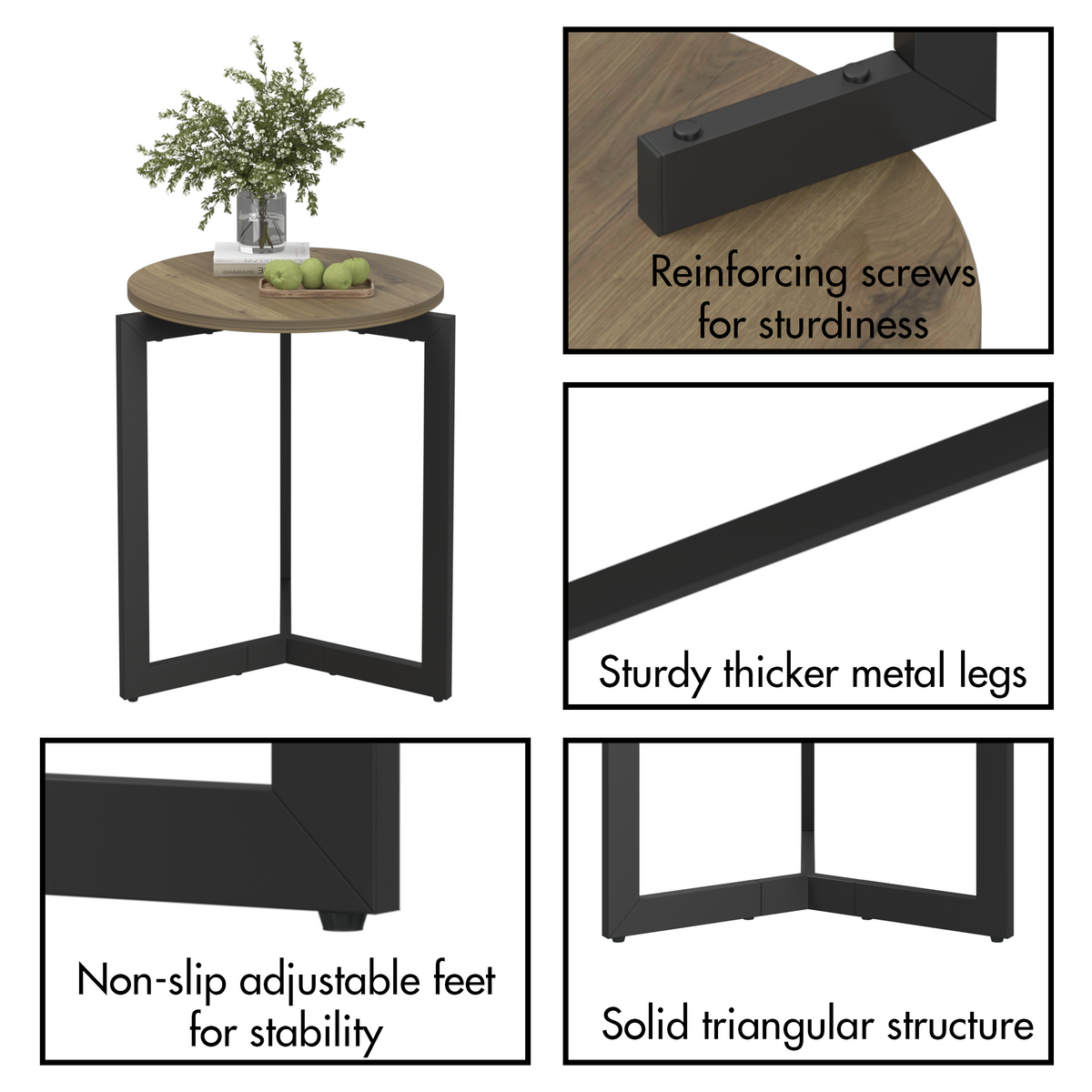 Round Side Table with Sturdy Metal Frame for Living Room