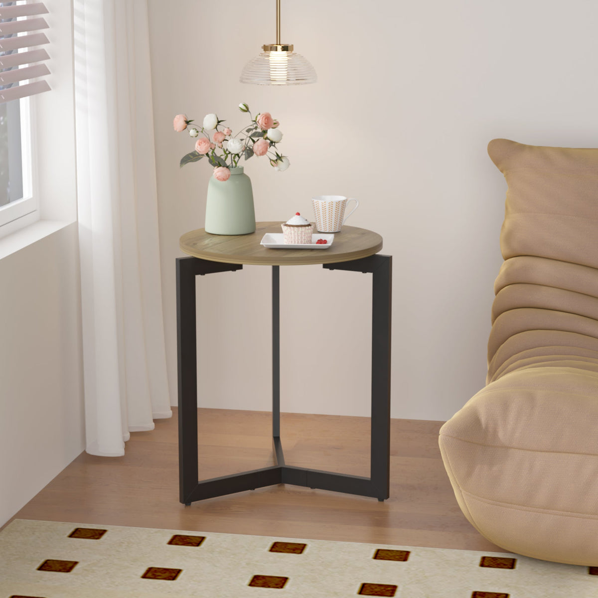 Round Side Table with Sturdy Metal Frame for Living Room