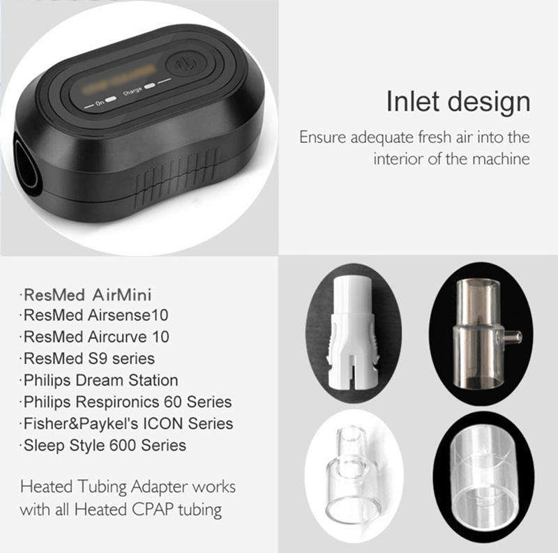 Product specifications showing inlet design, compatible CPAP models (ResMed AirMini, Philips DreamStation, Fisher & Paykel ICON, Sleep Style 600), and heated tubing adapter components