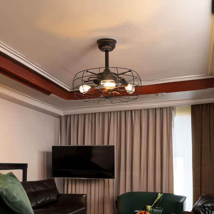 Retro Caged Ceiling Fan with Lights, 19 Inch Farmhouse