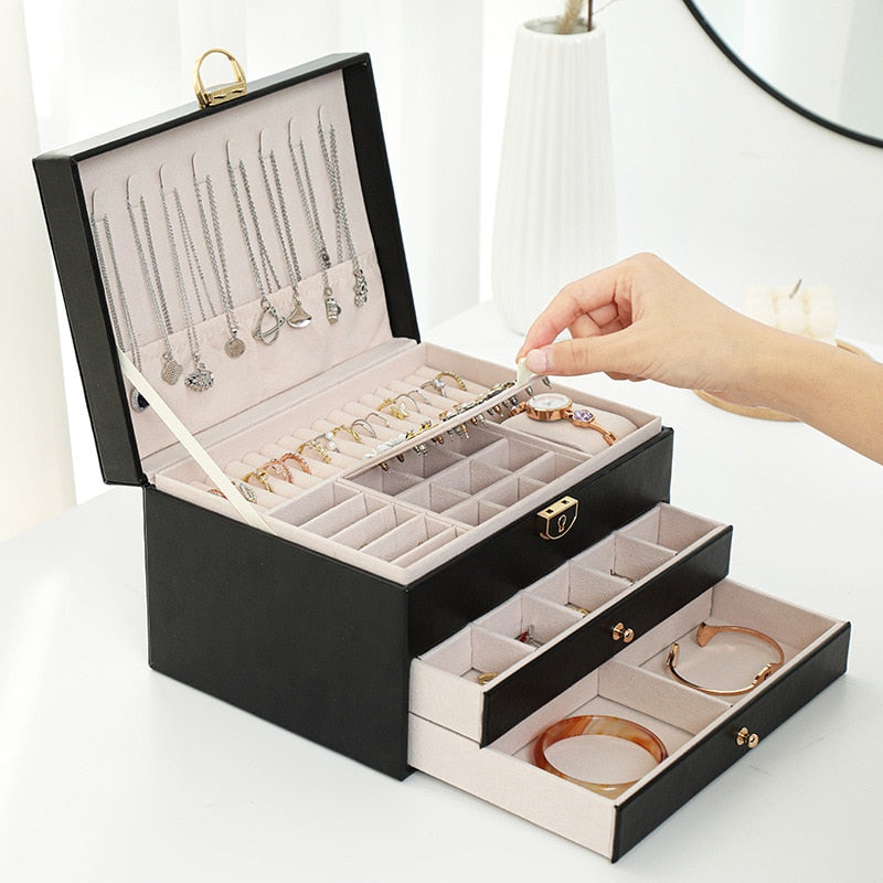 Three-Layer Jewelry Box with Watch Pillow and Lock